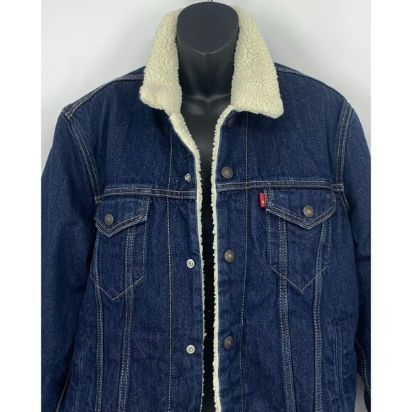 Levi Strauss Unisex Denim Trucker Jacket Size Medium M Blue Snap Button Sherpa - Picture 2 of 10